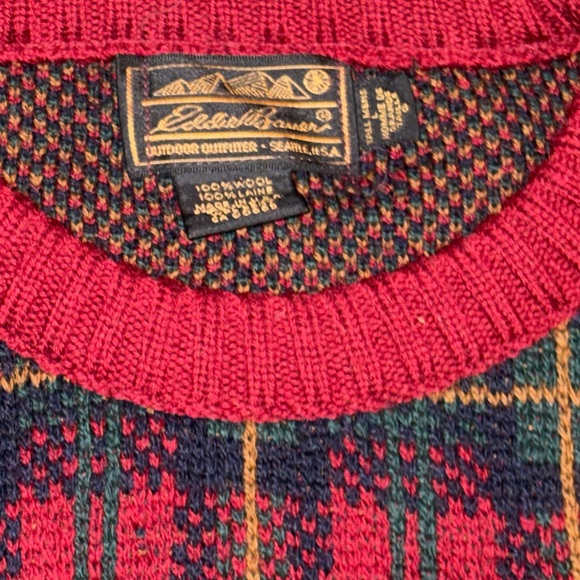 VTG Eddie Bauer Mens Red Plaid Long Sleeve Wool Sweater Size L /Tall Made in USA - Picture 5 of 5